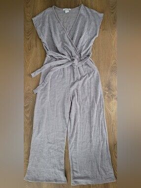 Caution To The Wind Chocolate Gray Textured Wrap Jumpsuit with Self-Tie